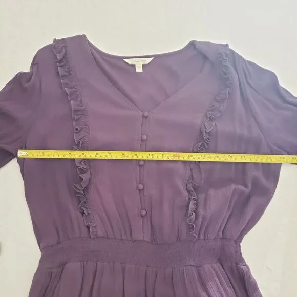 Garnet Hill Women's Purple Midi Dress V-Neck Ruffle Smocked Waist L (A-2) - Picture 9 of 11